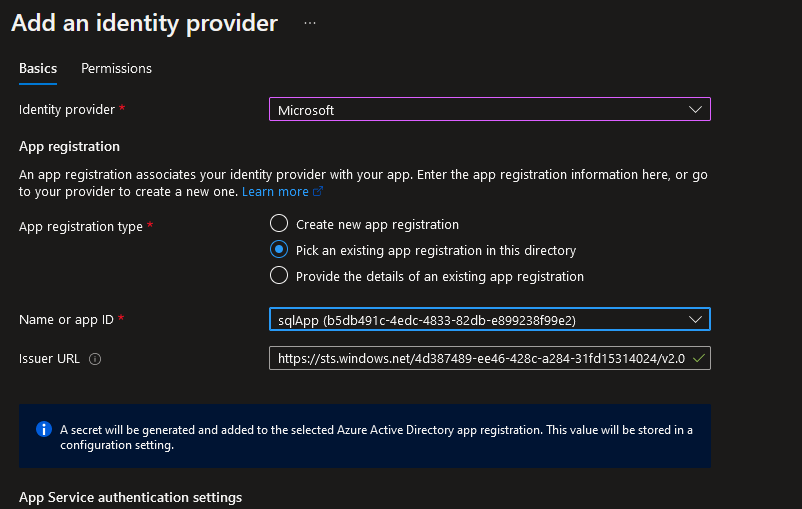 Azure AD application registration with Azure App Service 