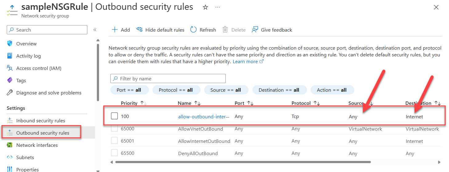 Network security group details in the Azure portal