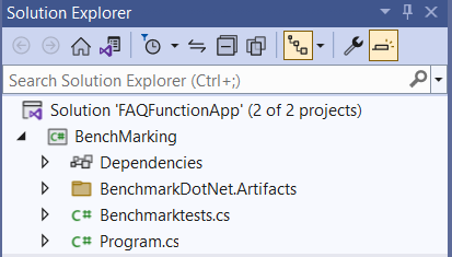Solution Explorer showing the BenchmarkDotNet tool