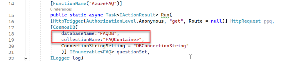 Names of the Cosmos DB and container in the AzureFaq.cs file 