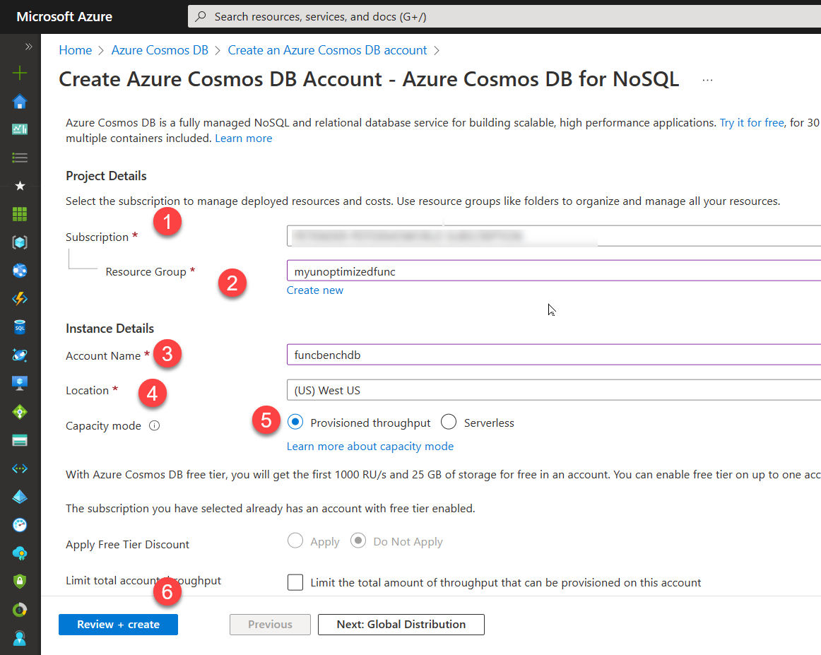 Deployment settings for an Azure Cosmos DB