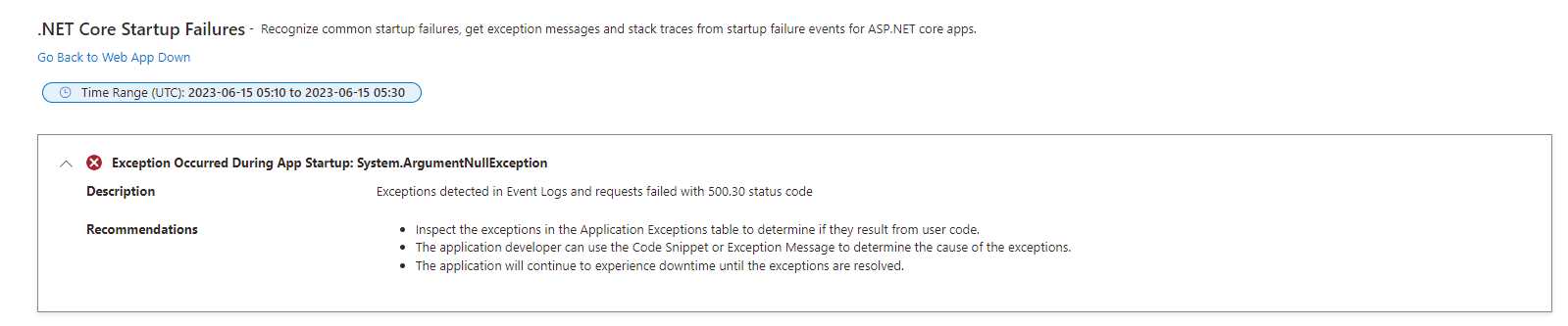 Exception details from a .NET Core startup failure