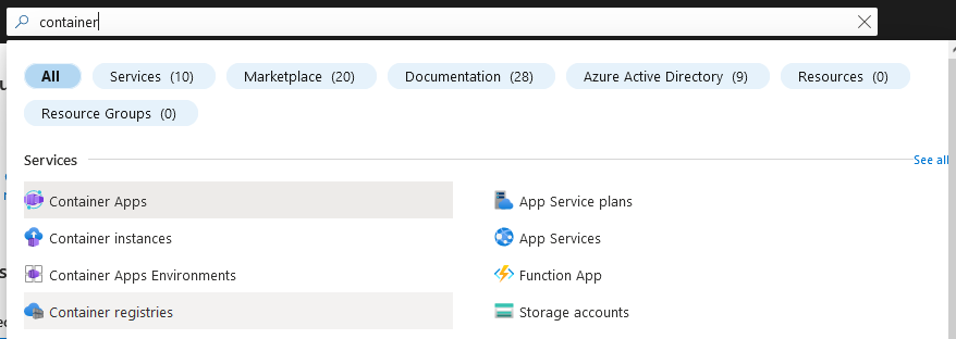 Azure Portal displaying search results for container