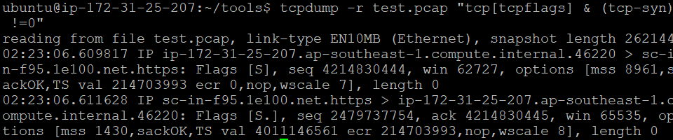 Fig. 5: The  tcpdump filter option for TCP flag displaying finished packets only