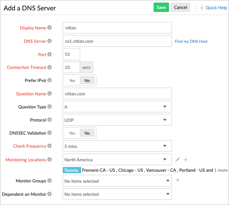 DNS server monitoring
