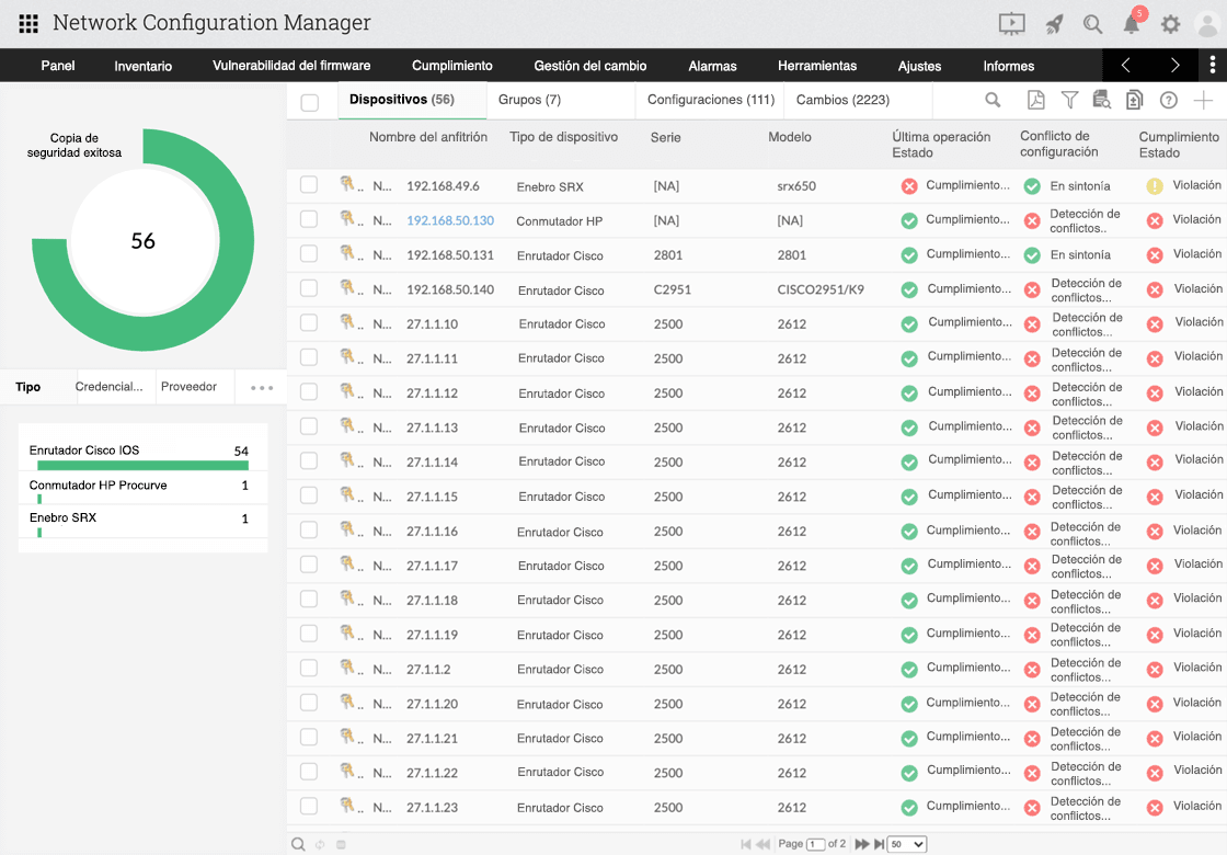 Network Configuration Manager product screen showing device configurations changes and conflicts