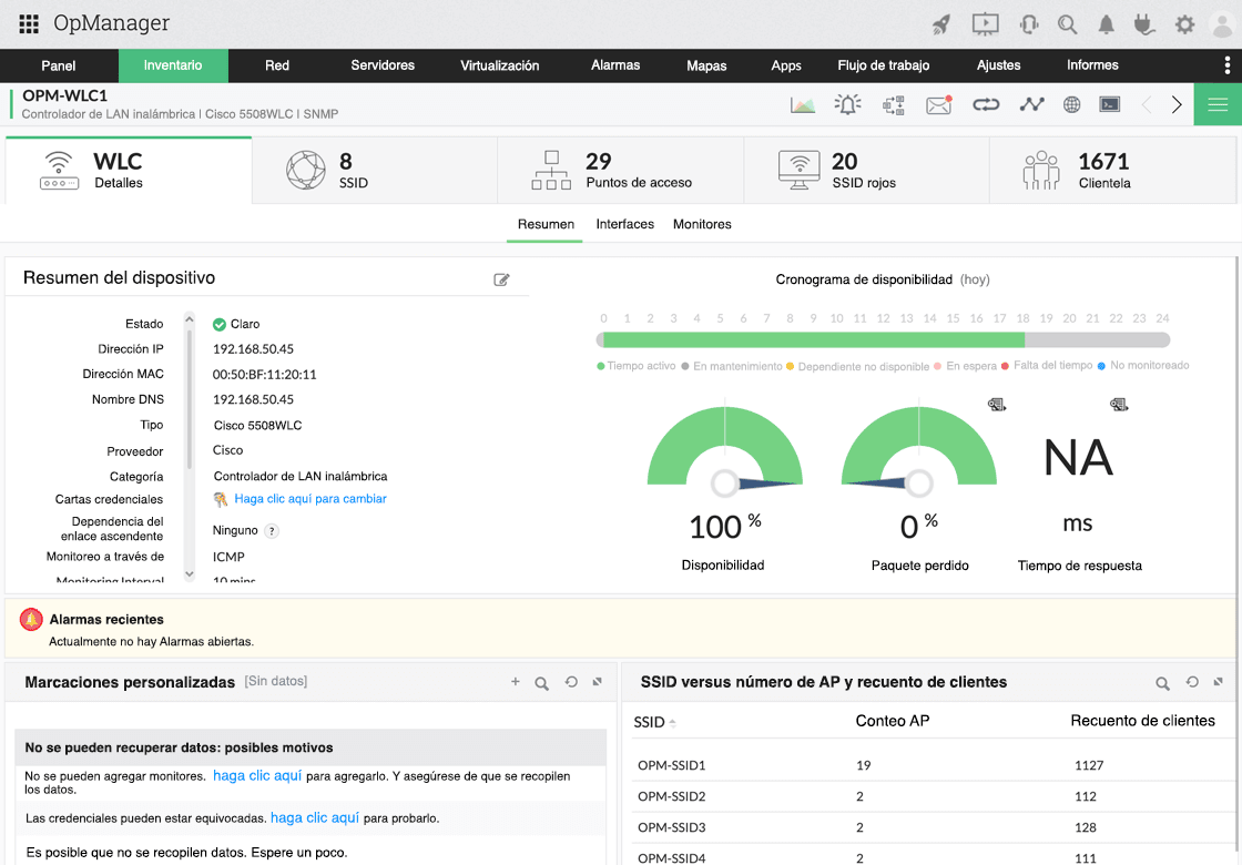 OpManager product screen displaying network device statistics