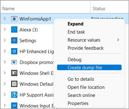 Create dump file using the Windows task manager