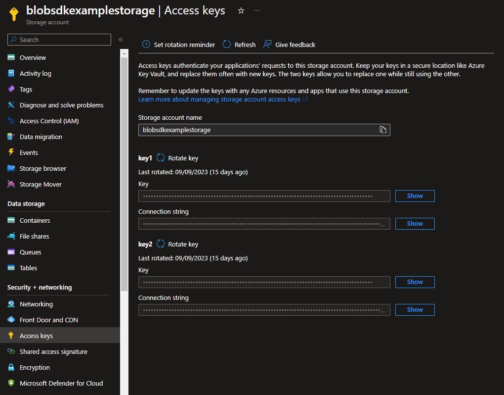 Details of the blob storage access keys