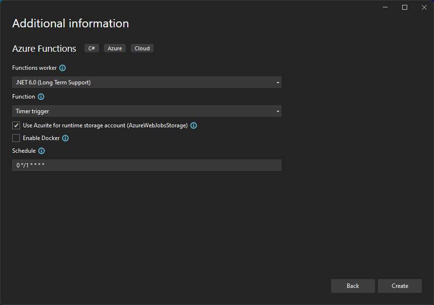 Azure Functions Additional information screen