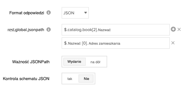 Form control elements to configure JSON response checks