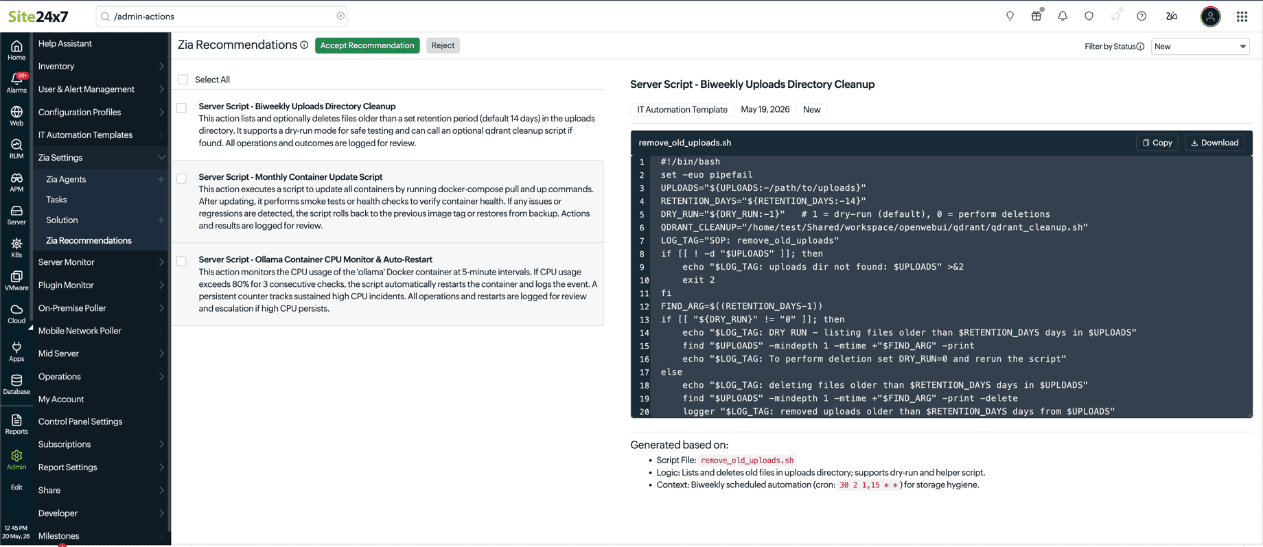 Zia Recommendations page listing IT automation script suggestions with accept and reject options.