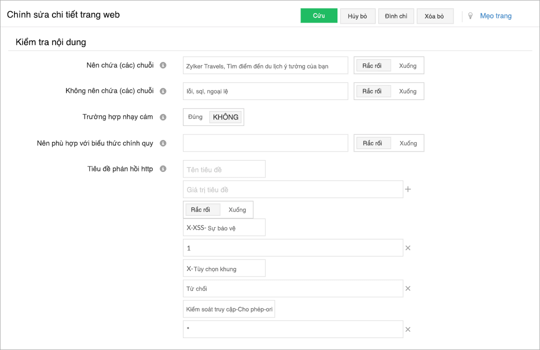 A form dispalying labels and corresponding input fields for content checks